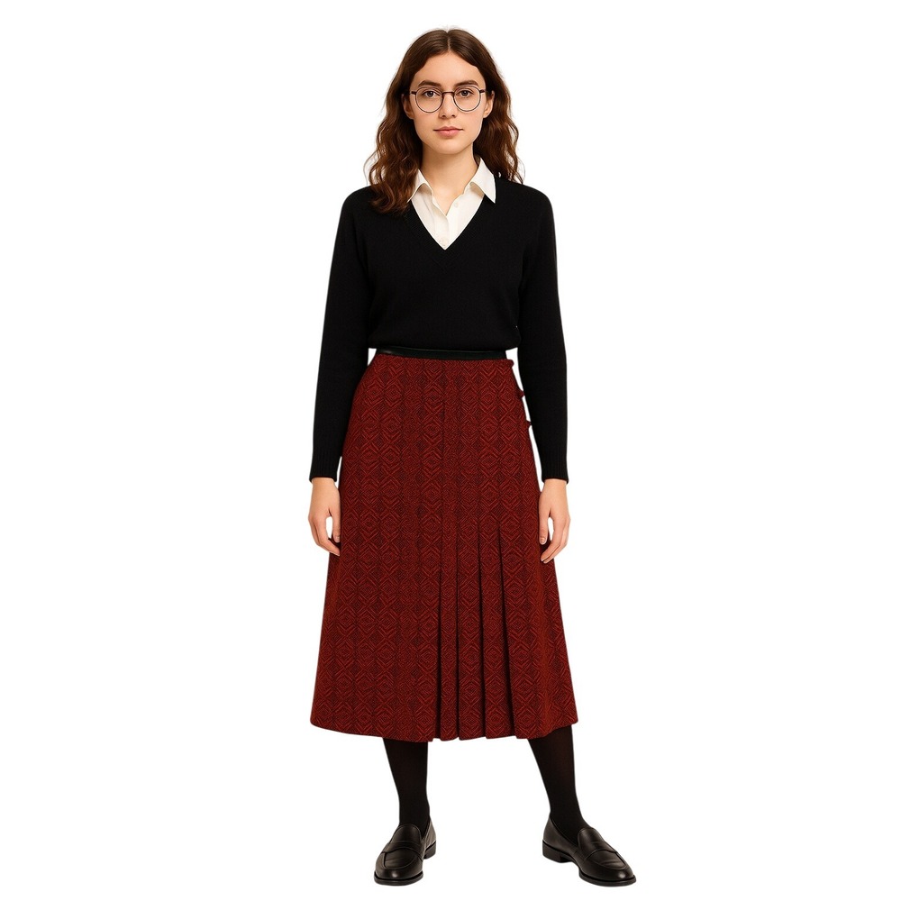CULLINANE 90s Preppy‎ Wool Pleated Midi Skirt Red Green Heritage Wool 10